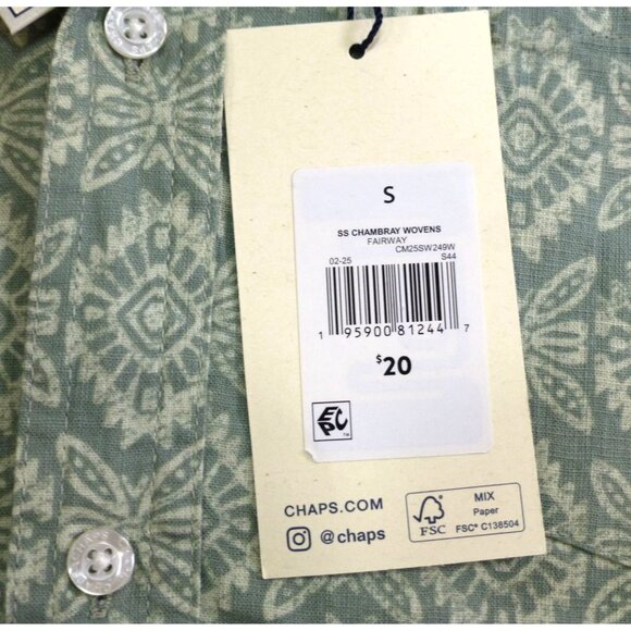 Chaps Seacoast Wash Small Chambray Woven Fairway Green Patterned Button Up Shirt - Picture 4 of 12